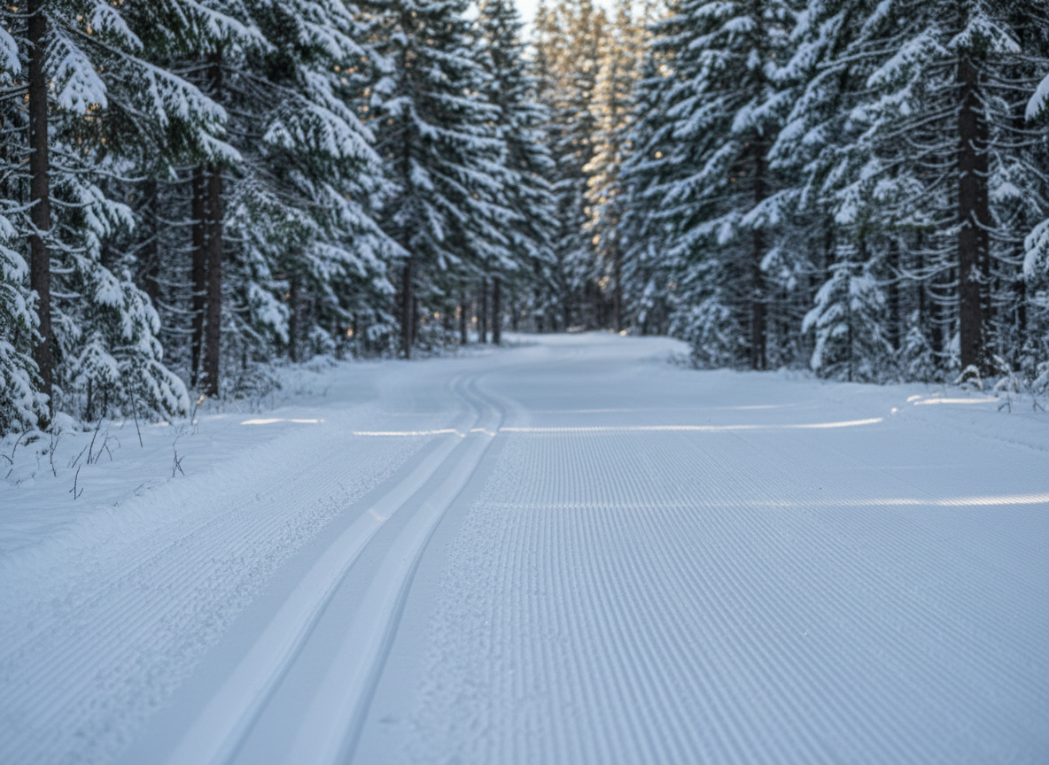 A freshly groomed classic and skate cross-country ski trail winding through a dense evergreen forest after a light snowfall. The corduroy skate lane and crisp parallel classic tracks show fine texture in the snow, with sparkling ice crystals catching the soft mid-morning sunlight. Tall spruce and pine trees, heavy with powder, frame the trail on both sides, fading into a gently blurred background. Photographic realism with an eye-level composition and subtle leading lines draws the viewer down the trail, creating a calm, professional, and inviting atmosphere ideal for a Nordic skiing news homepage hero image.