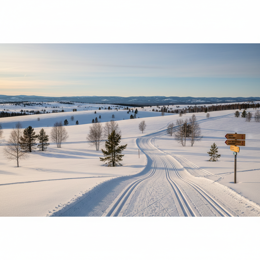 A wide, panoramic photographic image of a rolling Nordic trail system traversing open meadows and gentle hills, with clearly visible wayfinding signs indicating distance loops and difficulty levels. The snow surface varies from freshly groomed sections to lightly tracked areas, providing visual context for trail condition reports. Late afternoon winter light casts long, soft shadows from scattered birch and pine trees, adding depth and subtle contrast. Captured from a slightly elevated angle, the composition uses leading lines of the trail network to guide the eye into distant low mountains under a pale blue sky, creating an informative yet serene mood ideal for trail condition and destination features.