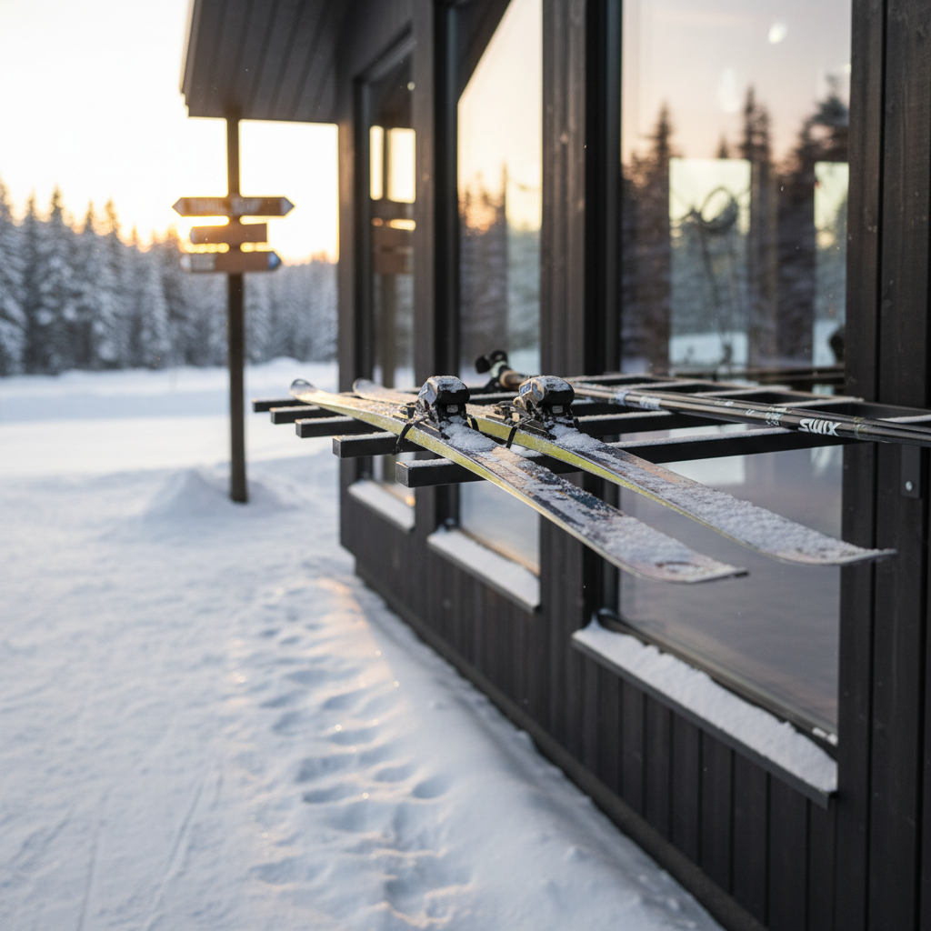 A close-up, side-on view of a pair of high-performance skate skis and carbon-fiber poles resting neatly on a structured ski rack outside a modern Nordic ski lodge. Snow crystals cling to the ski bases and bindings, while subtle brand logos and technical detailing on the poles are visible but not dominant. Soft golden hour light from a low winter sun creates gentle highlights along the ski edges and faint shadows on the packed snow beneath. Photographic realism with a shallow depth of field keeps the foreground gear in sharp focus while the lodge, trailhead signs, and distant forest blur into a professional, aspirational background suited for gear tips and technique articles.