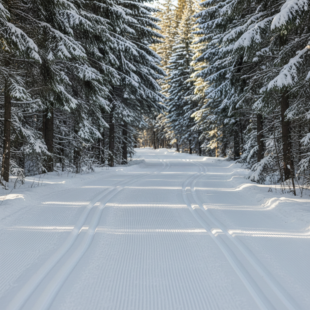 A freshly groomed classic and skate cross-country ski trail winding through a dense evergreen forest after a light snowfall. The corduroy skate lane and crisp parallel classic tracks show fine texture in the snow, with sparkling ice crystals catching the soft mid-morning sunlight. Tall spruce and pine trees, heavy with powder, frame the trail on both sides, fading into a gently blurred background. Photographic realism with an eye-level composition and subtle leading lines draws the viewer down the trail, creating a calm, professional, and inviting atmosphere ideal for a Nordic skiing news homepage hero image.